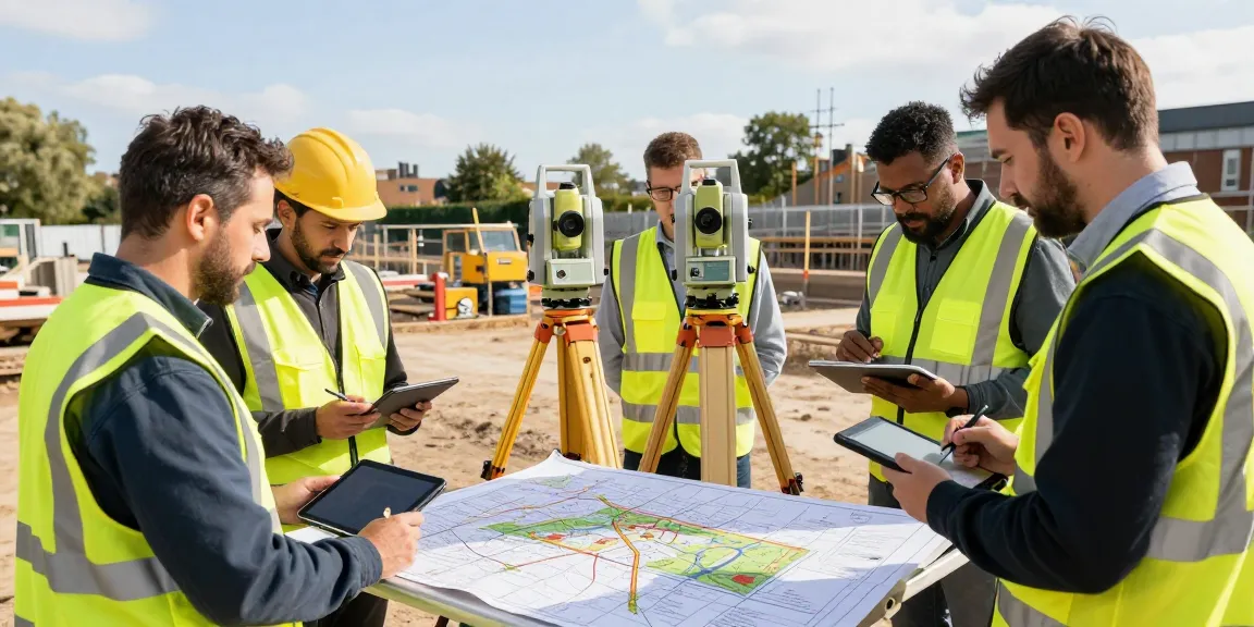 land surveyors London team conducting a topographical survey using advanced equipment on a construction site
