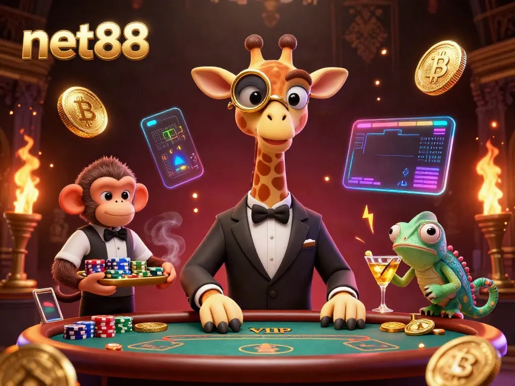 Experience high-stakes gaming at net88 with a giraffe dealer and dynamic casino elements.