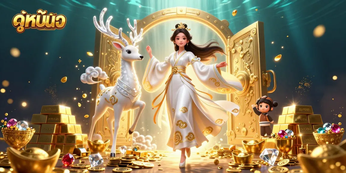 Experience ดูหนังออนไลน์ with a stunning scene of an ethereal woman surrounded by treasures and cinematic elements.