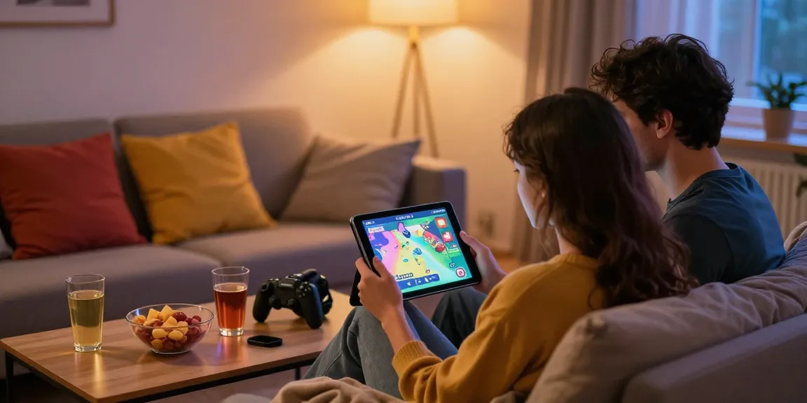 Couple enjoying html ecchi games together in a cozy living room, with tablet and laptop glowing.