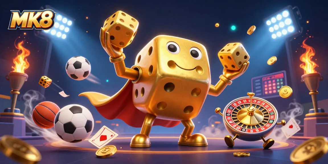 Engage with MK8 gaming action featuring a golden dice golem and dynamic sports elements.