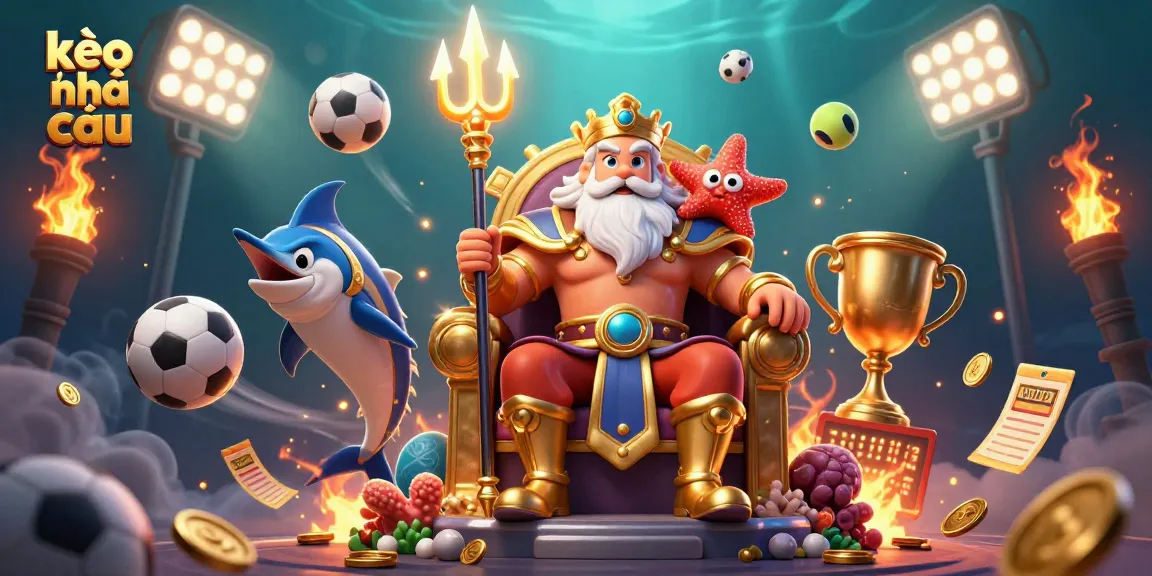 Engage with the kèo nhà cái action featuring a cartoon sea king and vibrant sports elements