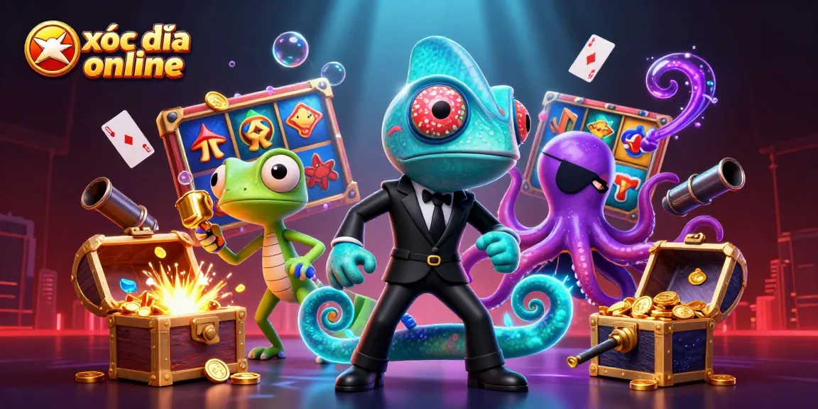 Experience thrilling xóc đĩa online gameplay with colorful slot reels and dynamic characters.