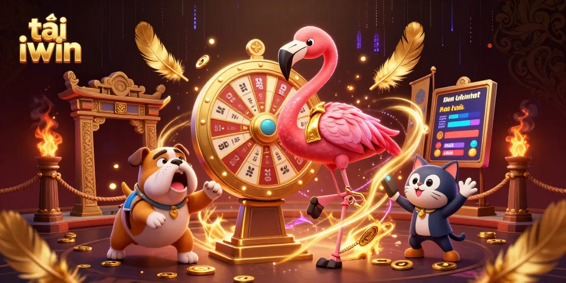 Engage in thrilling gaming with tải iwin as a flamingo host spins a golden prize wheel in a vibrant casino setting.