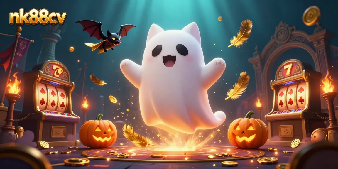 Engage with exciting gameplay at nk88cv as the ghost cat and vampire bat explore a haunted casino scene.