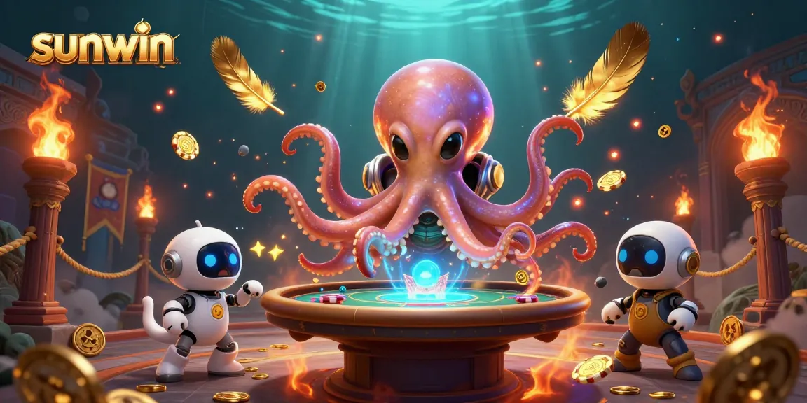 Engage in thrilling poker gameplay with the sunwin alien octopus and robot, surrounded by vibrant casino elements.