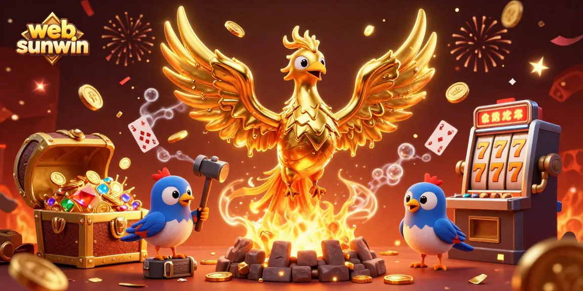 Experience the excitement of web sunwin with a dynamic golden phoenix emerging amidst casino treasures and celebration.
