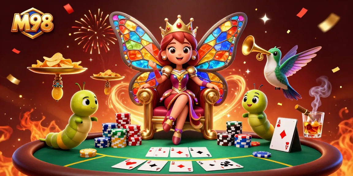 M98 invites players to a vibrant casino experience with a colorful butterfly queen and poker elements.