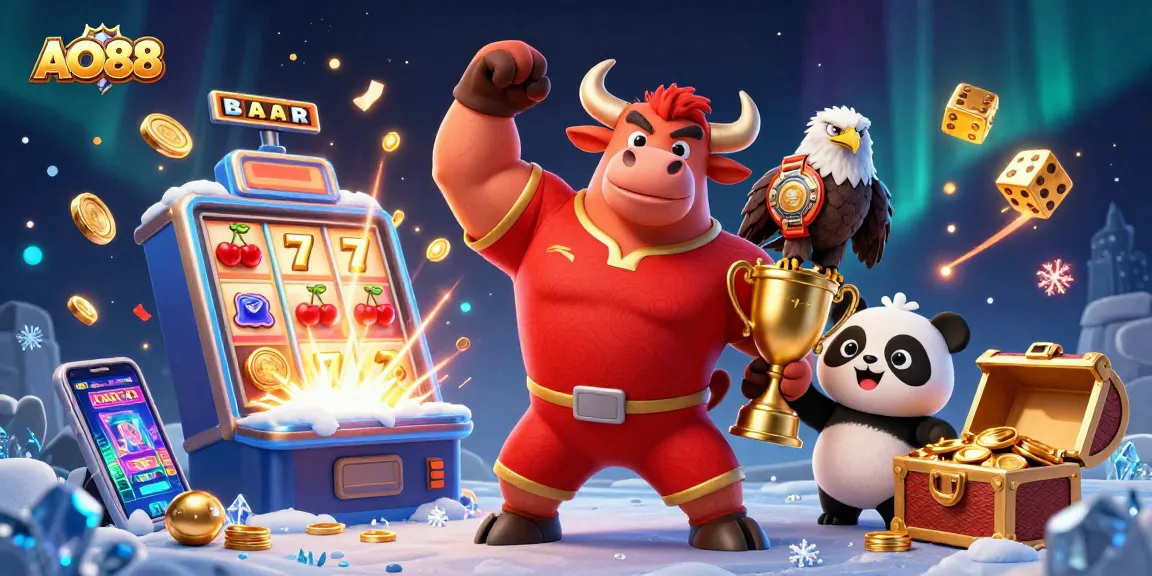 Celebrate AO88 wins with a dynamic casino scene featuring a bull mascot, eagle, and panda amidst slot machines and lucky symbols.